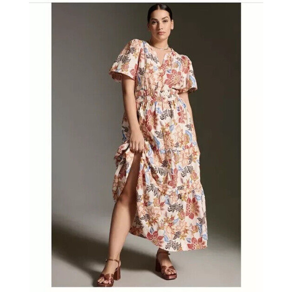 Anthropologie The Somerset Maxi Dress Size Large Floral Short Sleeve